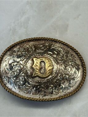 Montana Silversmiths Oval Floral Engraved Belt Buckle with Gold Letter D